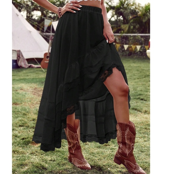 Boho Black lace High low Stretchy Waist Maxi Skirt - Picture 14 of 14